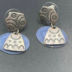 NP Newpro Vintage Mixed Metals Silver Pewter‎ and Blue Enamel Dangle Earrings